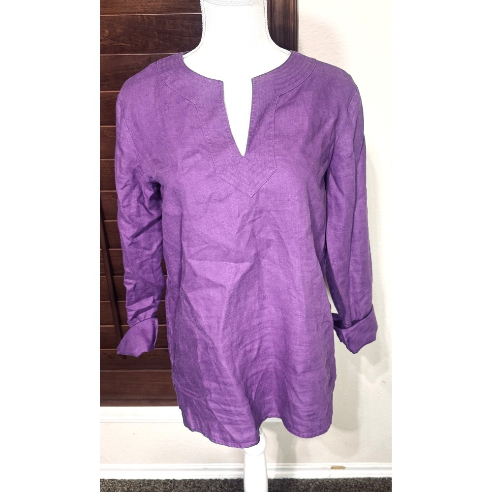 Lauren Ralph Lauren Purple Linen Tunic Top Split Neck Roll Tab Sleeve Womens M